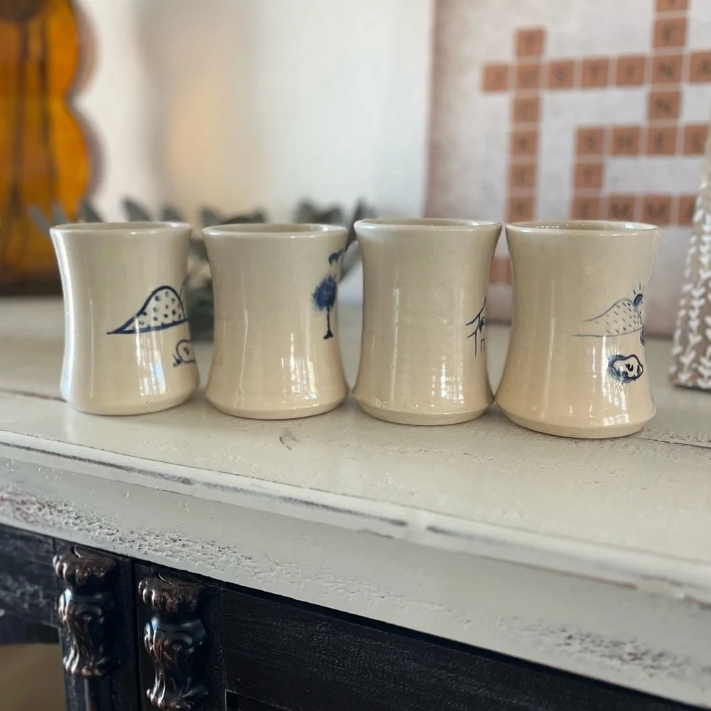Rare Set of 4 Handmade Pottery Cups Mugs Solid Heavy Blue Folk Art Ichthys Symbo